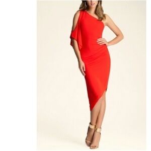 Bebe Red One Shoulder Asymmetrical Midi Dress
